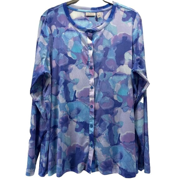 LOGO Lori Goldstein Top Large Blouse Mesh Colorful Artsy Blue Purple Stretch - Picture 1 of 8